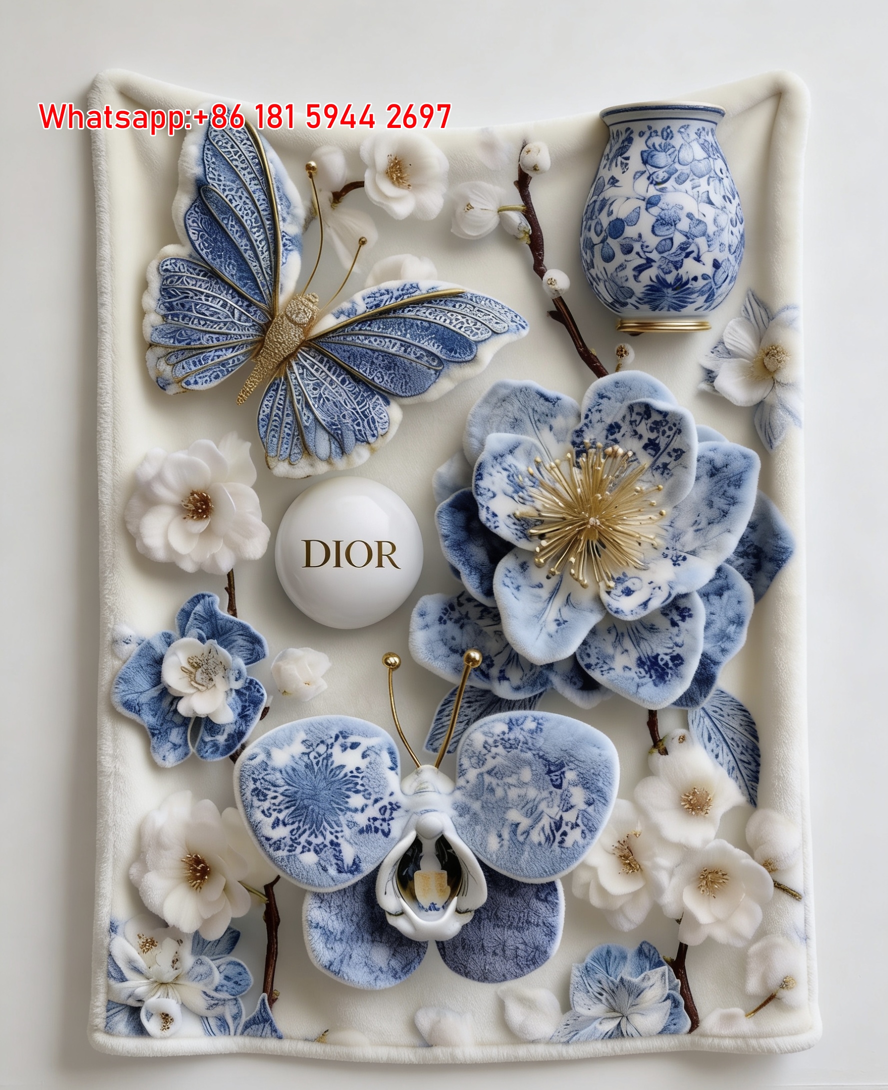 Dior Blue and White Porcelain Butterfly Flannel Sofa Throw Blanket D484